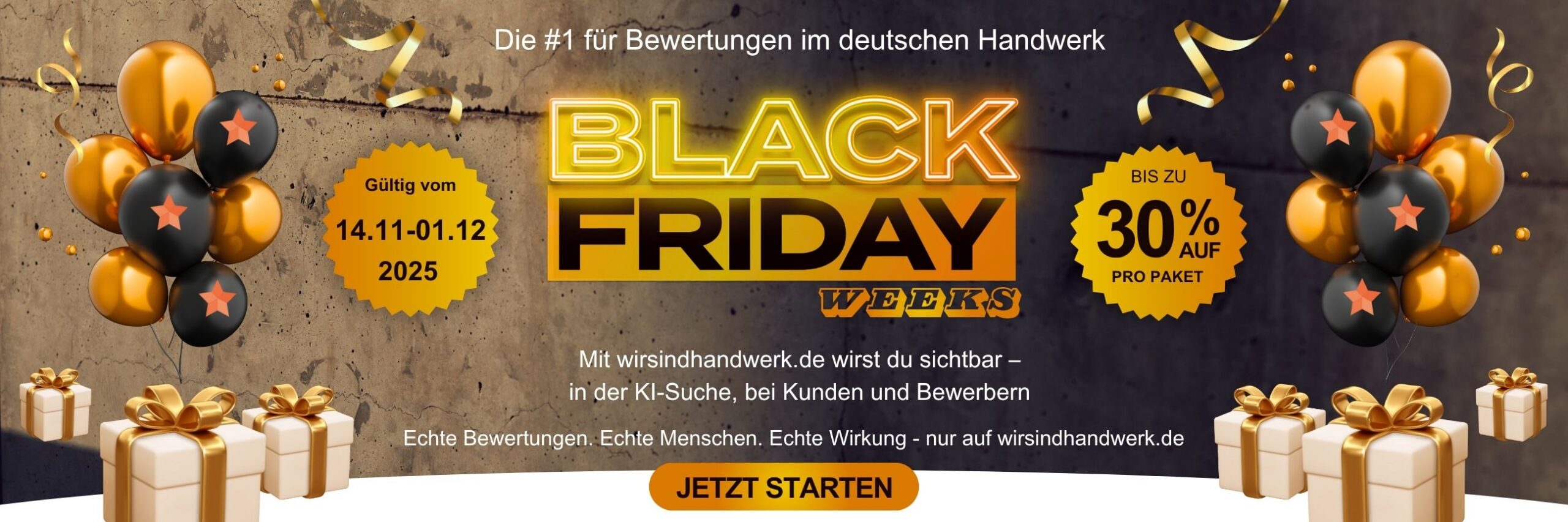 Aktion zur Black Friday Woche Handwerker bekommen bis zu 30 % Rabatt auf unser Pro Paket bei wirsindhandwerk.de