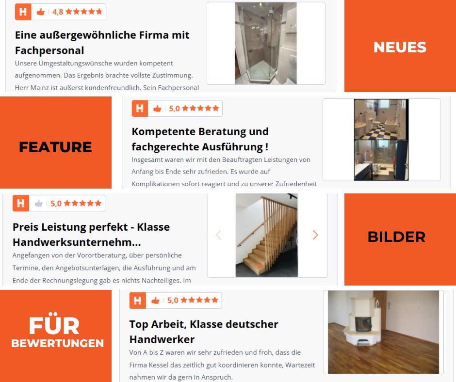 Ab sofort haben eure Kunden die Möglichkeit, zu ihren Bewertungen Bilder hochzuladen. Dieses Feature wird bereits intensiv genutzt und zeigt eindrucksvoll, wie visuelle Bewertungen das Vertrauen in euren Betrieb stärken.