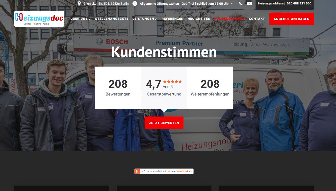 Heizungsdoc in Berlin hat direkt auf seiner Webseite die tollen Bewertungen von wirsindhanderwerk.de eingebaut
