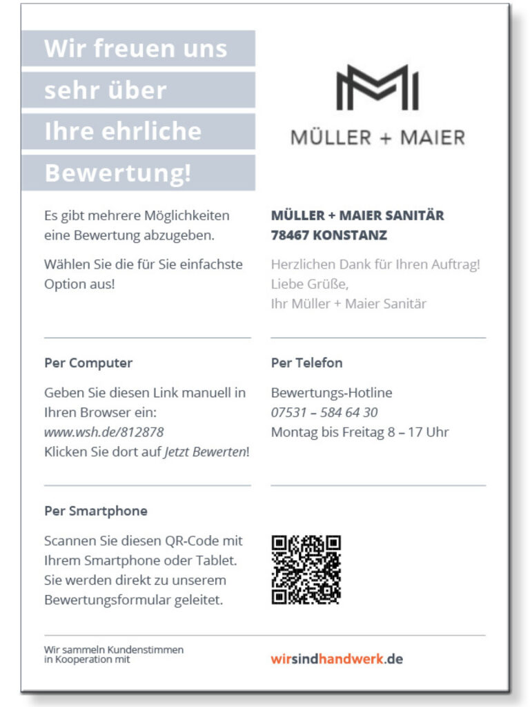 Bewertungskarte mit eigenem Logo: Bewertung per Computer, Smartphone oder Telefonhotline