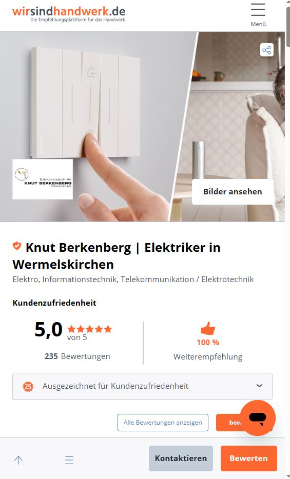 Betriebsprofil von Knut Berkenberg, Elektriker in Wermelskirchen, auf wirsindhandwerk.de mit 235 Bewertungen und 5,0 Sternen