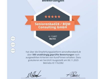Seniorenbad24 erreicht 500 Bewertungen auf wirsindhandwerk.de – ein starkes Zeichen für Vertrauen und Qualität