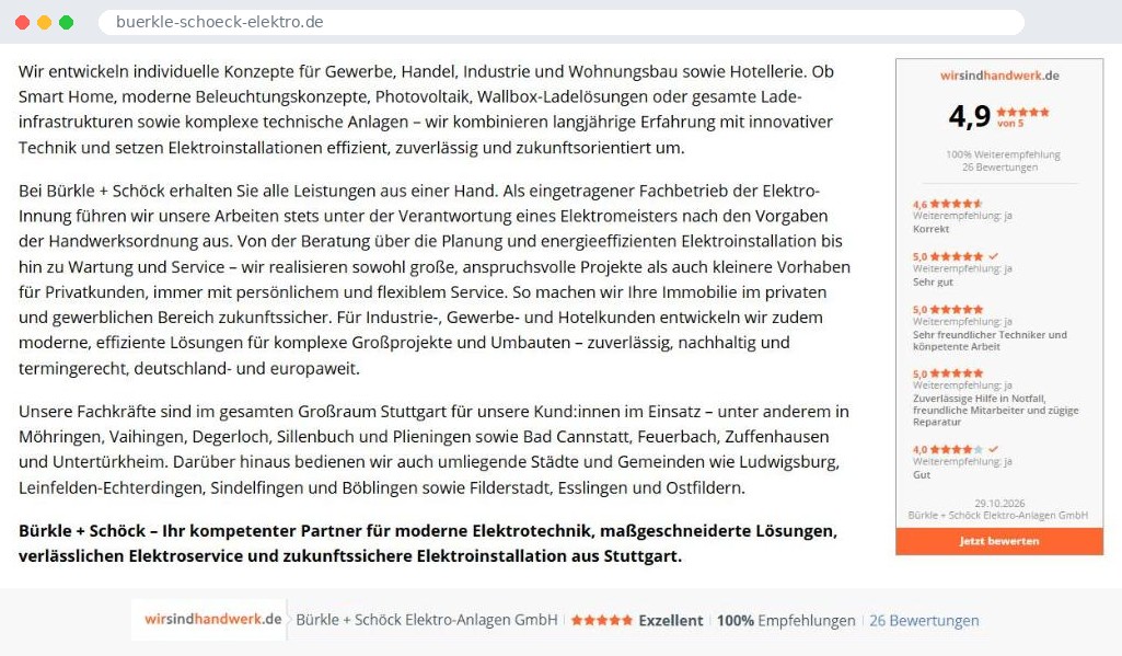 Bewertungs-Widget von wirsindhandwerk.de auf der Website von Bürkle + Schöck Elektro-Anlagen in Stuttgart