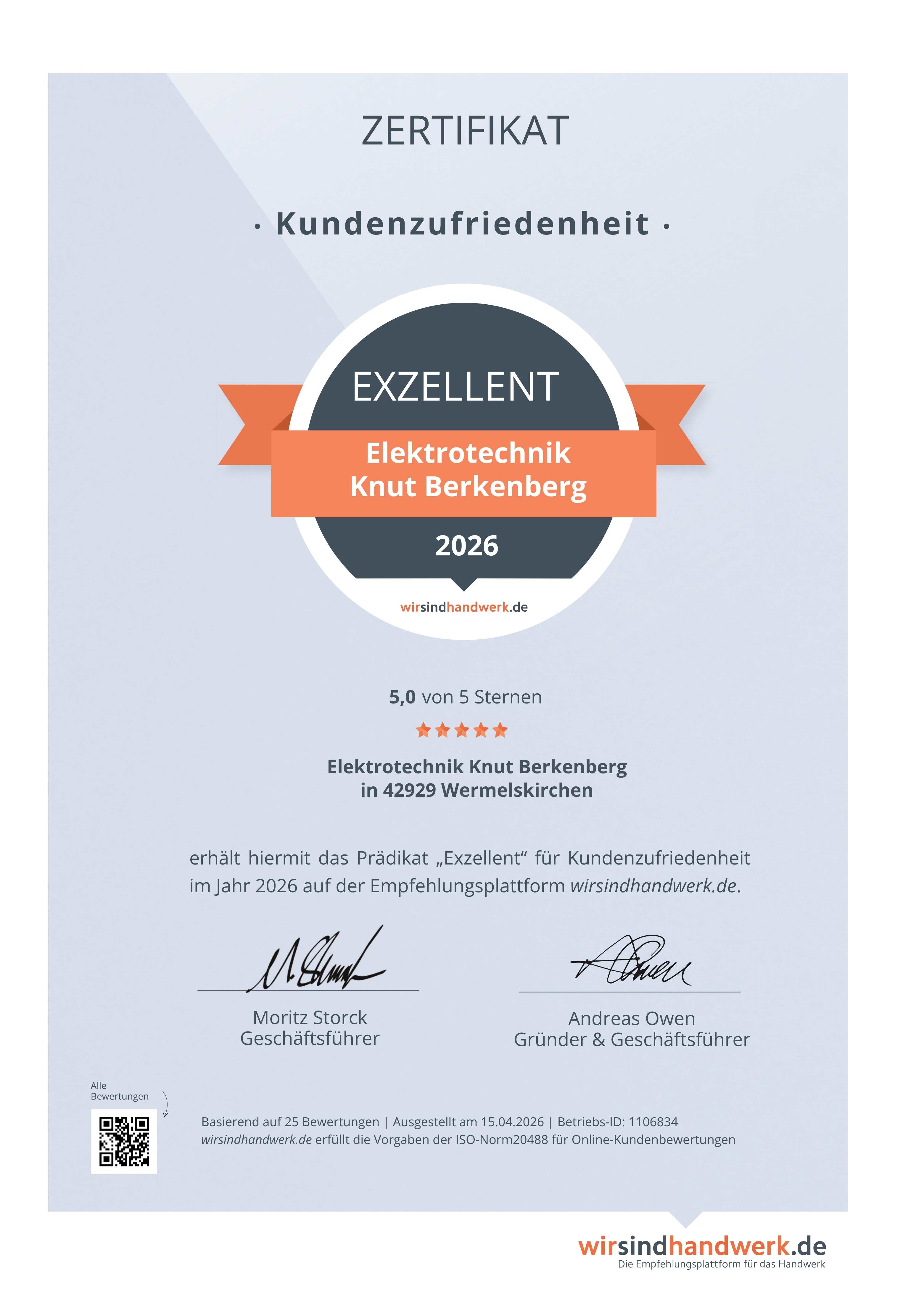 Zertifikat Kundenzufriedenheit 2026 mit Prädikat Exzellent für Elektrotechnik Knut Berkenberg
